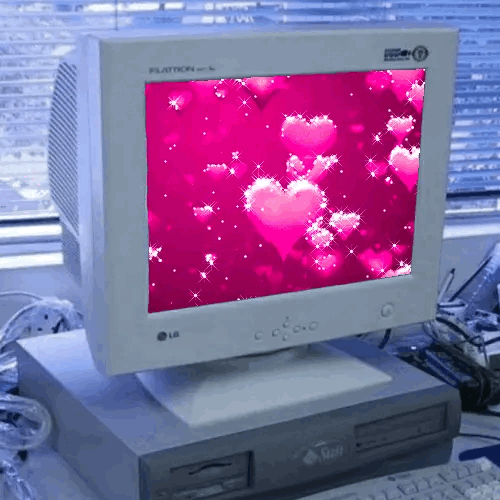 핑크색 하트가 반짝이는 빈티지 모니터